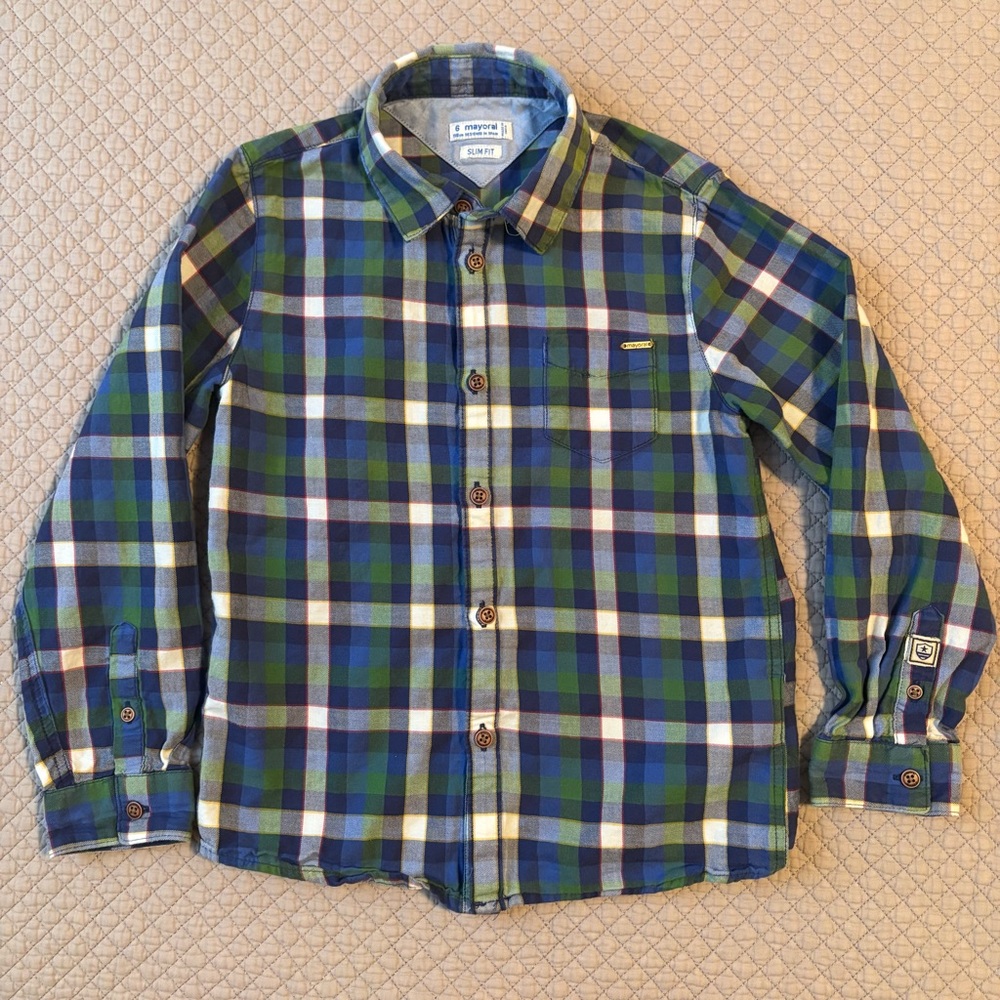 Mayoral Slim Fit Plaid Kids Shirt - Blue and Green